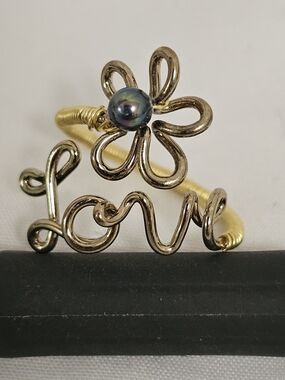 Handcrafted Gold-Tone 'Love' Wire Cuff Ring with Plumeria and Iridescent Pearl